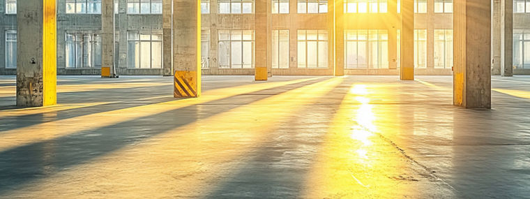 Bright and Spacious Industrial Warehouse Interior with Sunlight Streaming Through Windows Highlighting Concrete Floors and Columns